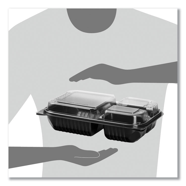 Hinged-Lid Dinner Box, 3 Compartments, 32 oz, 11.5 x 8.1 x 3, Black/Clear, Plastic, 100/Carton