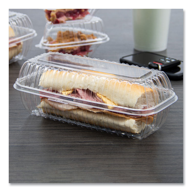 Showtime Clear Hinged Containers, Hoagie Container, 29.9 oz, 5.1 x 9.9 x 3.5, Clear, Plastic, 100/Bag, 2 Bags/Carton
