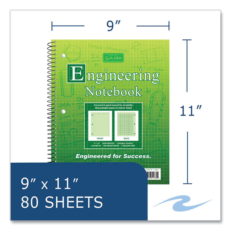 Wirebound Engineering Notebook, 20 lb Bond Paper Stock, Green Cover, (80) 11 x 8.5 Sheets, 24/Carton