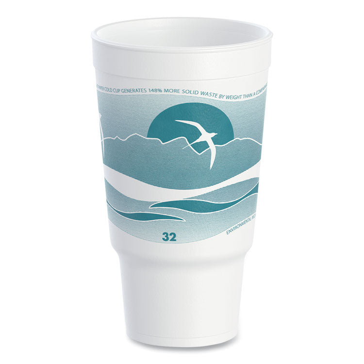 Horizon Hot/Cold Foam Drinking Cups, 32 oz, White/Teal, 16/Bag, 25 Bags/Carton