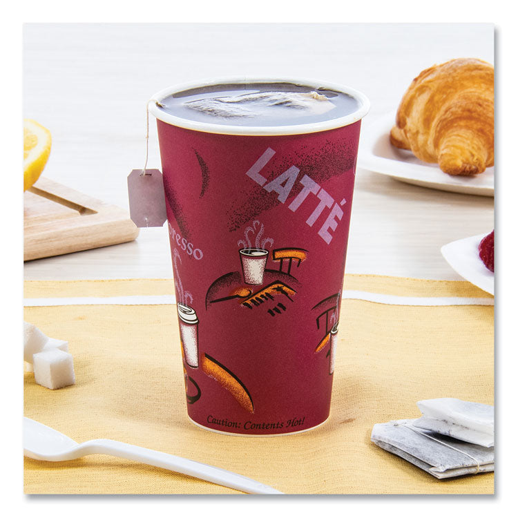 Paper Hot Drink Cups in Bistro Design, 16 oz, Maroon, 50/Pack