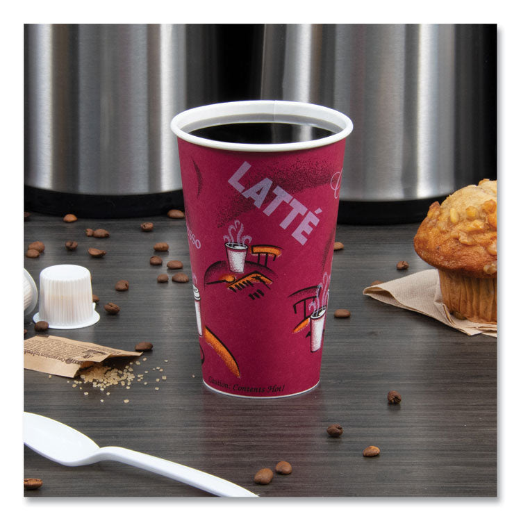 Paper Hot Drink Cups in Bistro Design, 16 oz, Maroon, 50/Pack