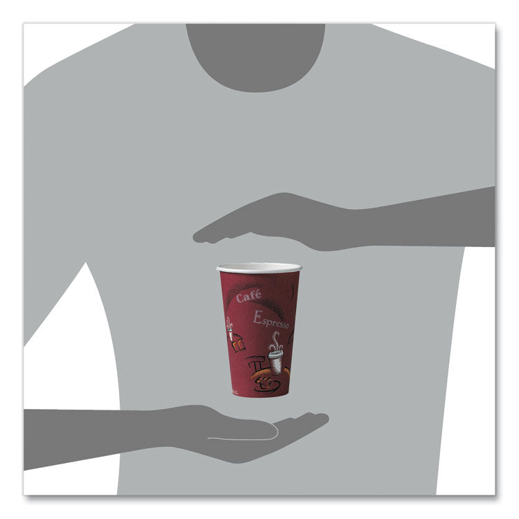 Paper Hot Drink Cups in Bistro Design, 16 oz, Maroon, 50/Pack
