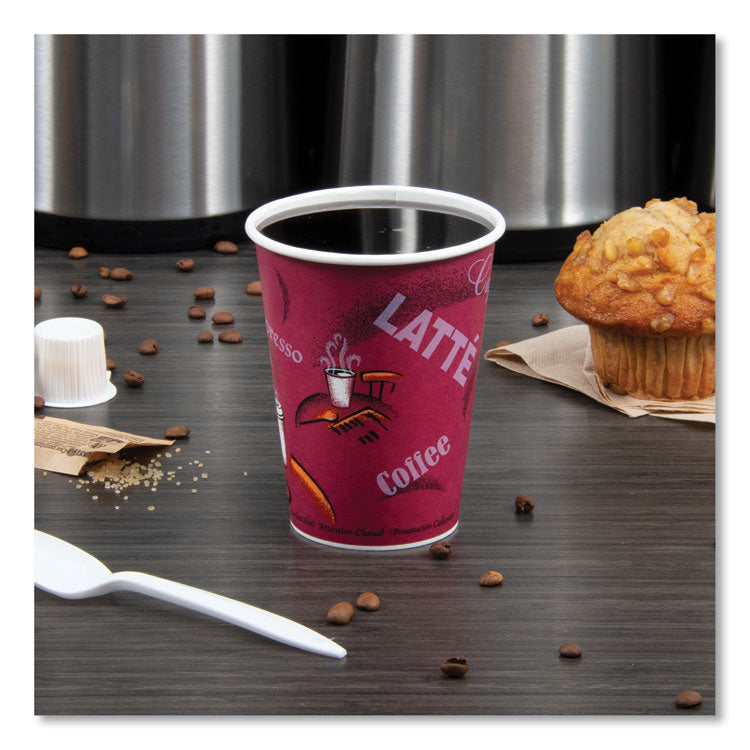 Paper Hot Drink Cups in Bistro Design, 12 oz, Maroon, 50/Pack