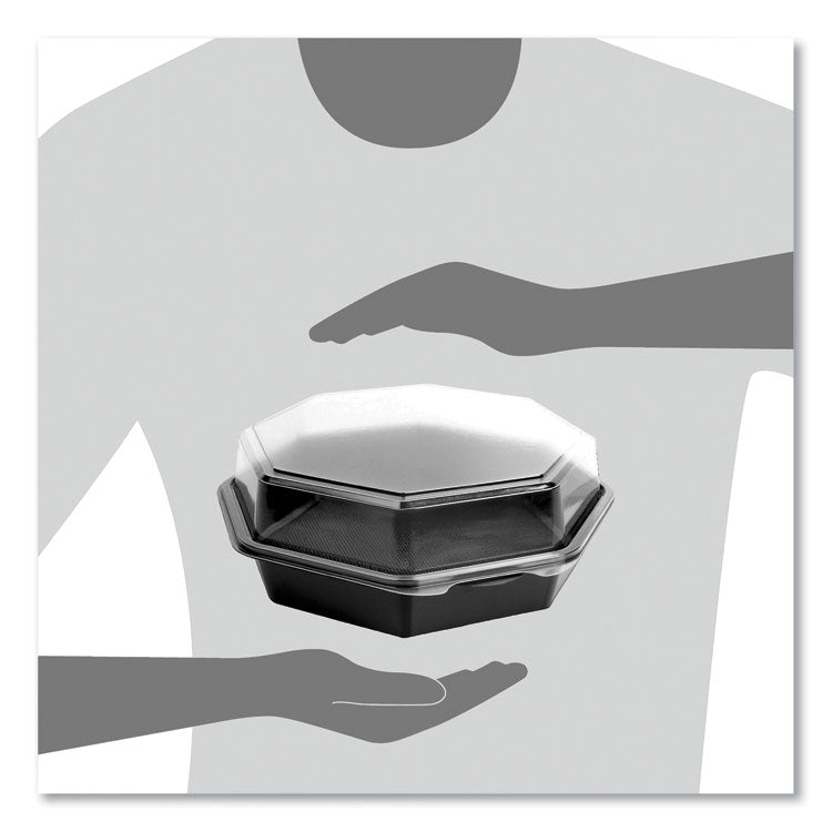 OctaView Hinged-Lid Cold Food Containers, 42 oz, 9.57" x 9.2" x 3.2", Black/Clear, Plastic, 100/Carton