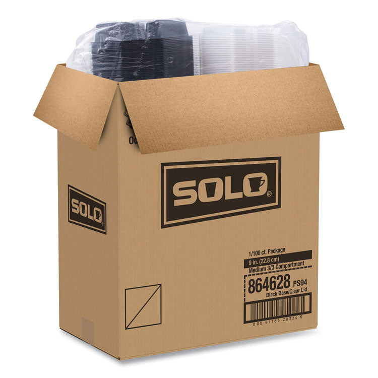 OctaView Hinged-Lid Cold Food Containers, 3 Compartments, 36 oz, 9.57 x 9.2 x 2.4, Black/Clear, Plastic, 100/Carton