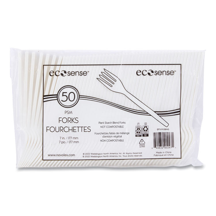 EcoSense Renewable Plant Starch Cutlery, Fork, Plastic, Cream, 50/Pack, 20 Packs/Carton