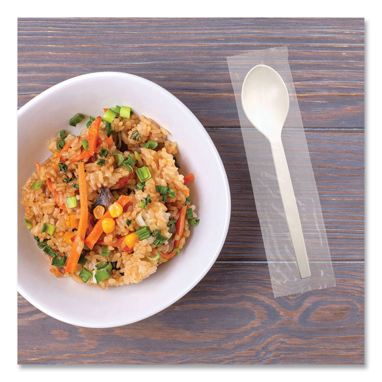 EcoSense Renewable Plant Starch Cutlery, Individually Wrapped, Mediumweight Spoon, Plastic, Natural, 750/Carton