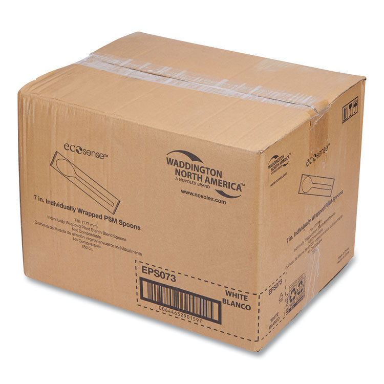 EcoSense Renewable Plant Starch Cutlery, Individually Wrapped, Mediumweight Spoon, Plastic, Natural, 750/Carton