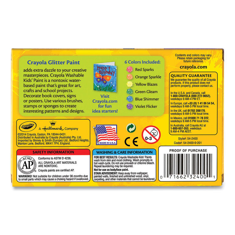 Washable Paint, 6 Assorted Classic Colors, 2 Oz Bottle, 6/pack