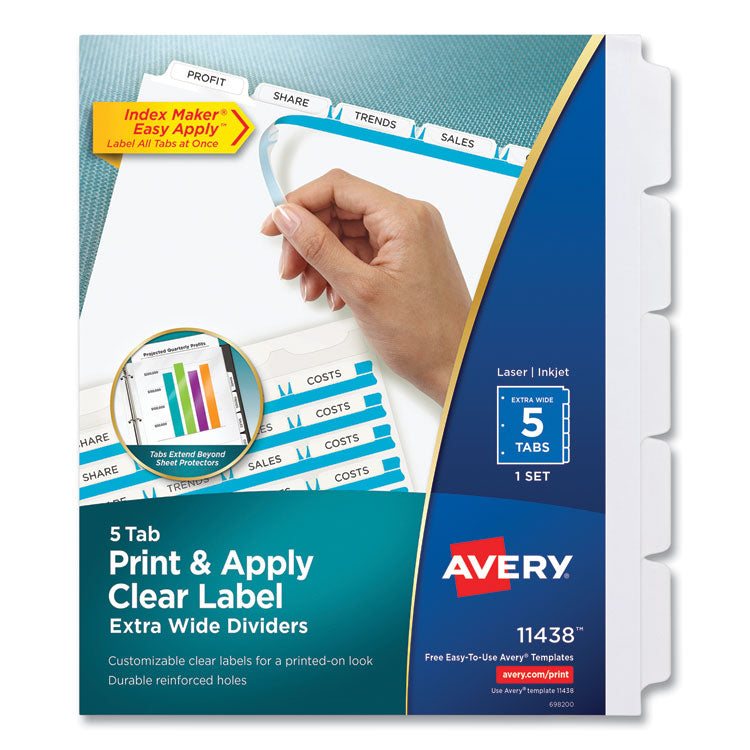 Print and Apply Index Maker Clear Label Dividers, Extra Wide Tab, 5-Tab, White Tabs, 11.25 x 9.25, White, 1 Set