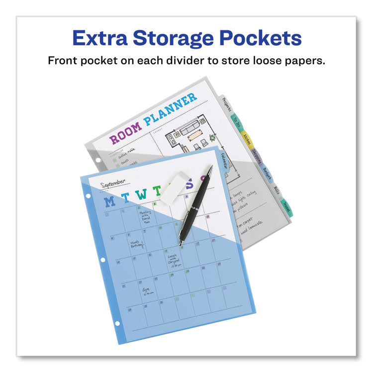 Write and Erase Durable Plastic Dividers with Slash Pocket, 3-Hold Punched, 8-Tab, 11.13 x 9.25, Assorted, 1 Set