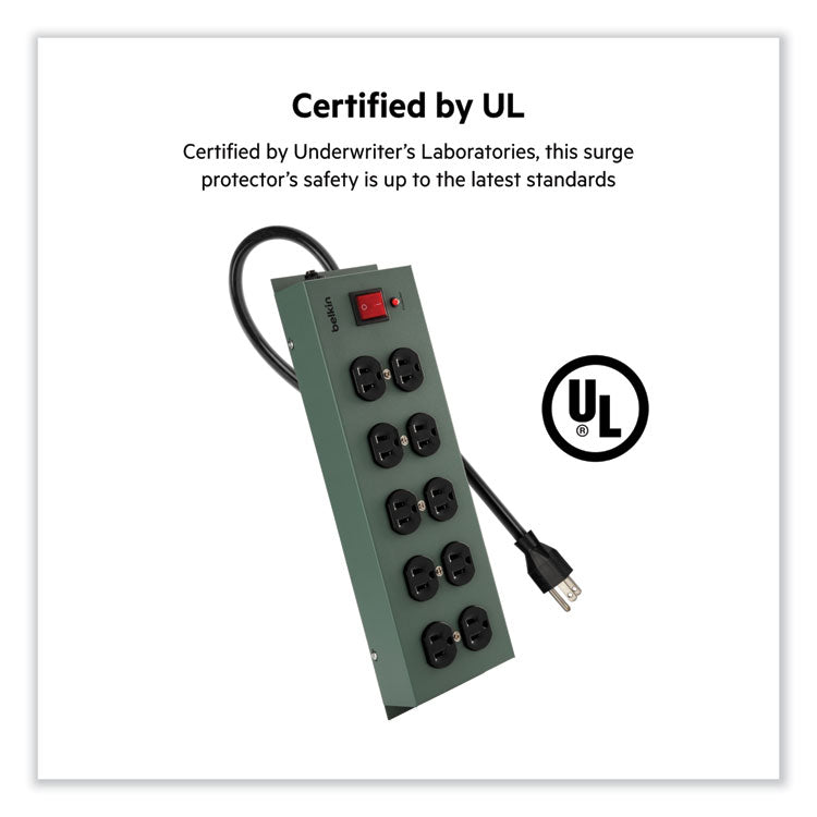 Metal SurgeMaster Surge Protector, 10 AC Outlets, 15 ft Cord, 885 J, Dark Gray