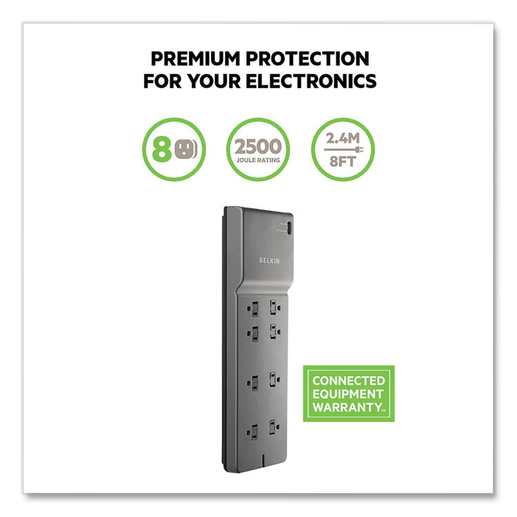 Home/Office Surge Protector, 8 AC Outlets, 8 ft Cord, 2,500 J, Black