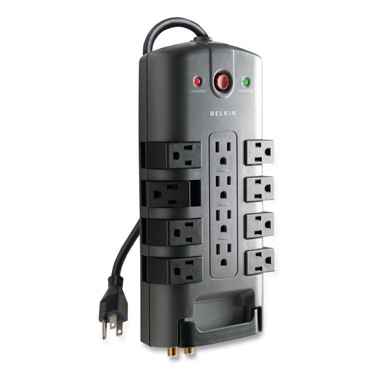 Pivot Plug Surge Protector, 12 AC Outlets, 8 ft Cord, 4,320 J, Gray