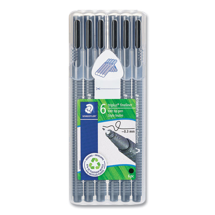Triplus Fineliner Porous Point Pen, Stick, Fine 0.3 mm, Black Ink, Clear Barrel, 6/Pack