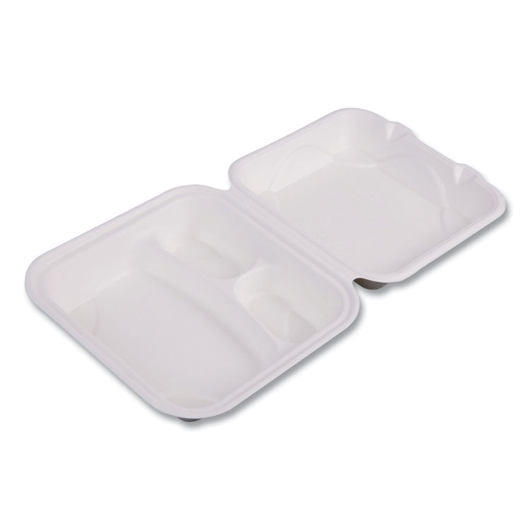 Vanguard Renewable and Compostable Sugarcane Clamshells, 3 Compartments, 8 x 8 x 3, White, 200/Carton
