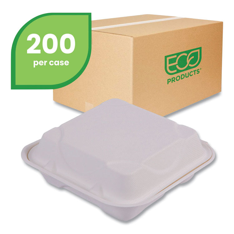 Vanguard Renewable and Compostable Sugarcane Clamshells, 3 Compartments, 8 x 8 x 3, White, 200/Carton