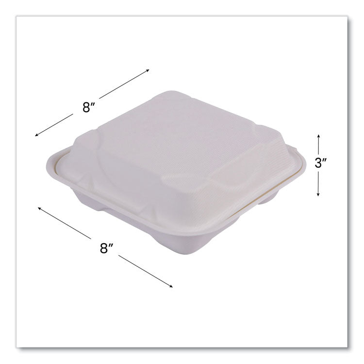 Vanguard Renewable and Compostable Sugarcane Clamshells, 3 Compartments, 8 x 8 x 3, White, 200/Carton