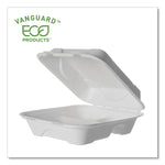 Vanguard Renewable and Compostable Sugarcane Clamshells, 3 Compartments, 8 x 8 x 3, White, 200/Carton