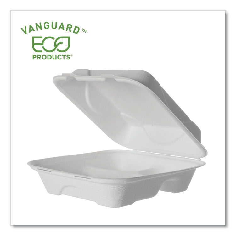 Vanguard Renewable and Compostable Sugarcane Clamshells, 3 Compartments, 8 x 8 x 3, White, 200/Carton