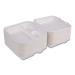 Vanguard Renewable and Compostable Sugarcane Clamshells, 3 Compartments, 8 x 8 x 3, White, 200/Carton