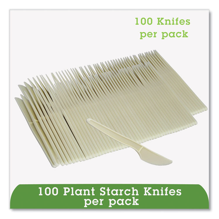 EcoSense Renewable Plant Starch Cutlery, Knife, Plastic, Cream, 50/Pack