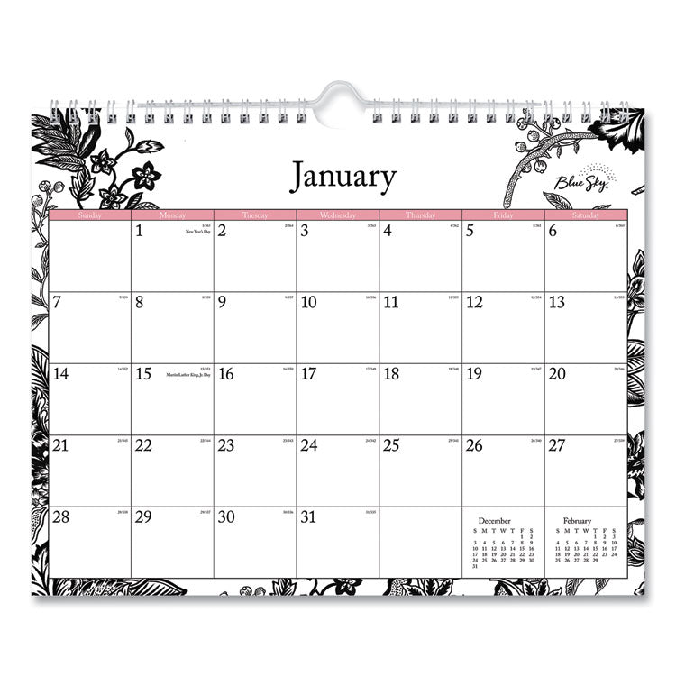 Analeis Wall Calendar, Floral Artwork, 11 x 8.75, White/Black/Coral Sheets, 12-Month (Jan to Dec): 2025