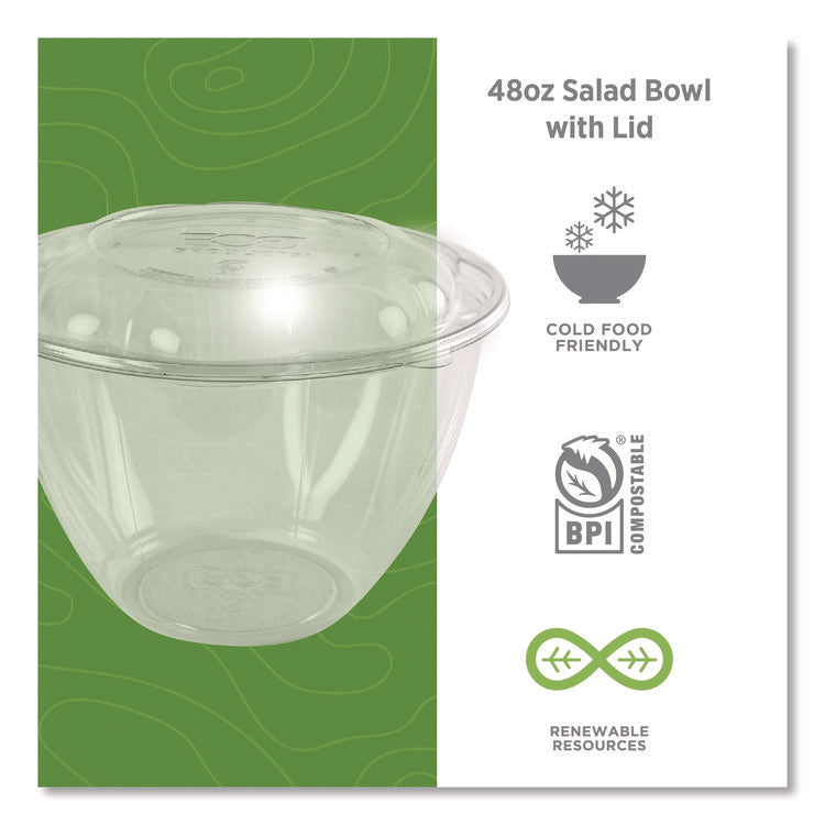 Renewable and Compostable Salad Bowls with Lids, 48 oz, Clear, Plastic, 150/Carton