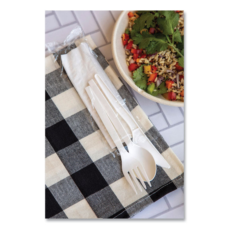 EcoSense Renewable PSM Wrapped Cutlery Kit, Fork/Knife/Napkin/Spoon, Plastic, White, 250/Carton