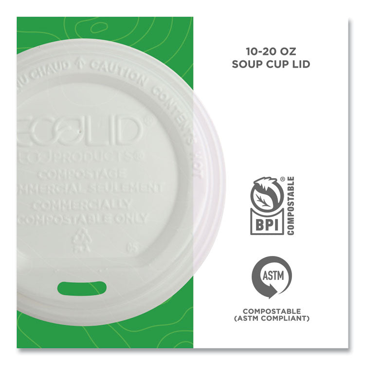 EcoLid Renewable/Compostable Hot Cup Lids, Fits 10 oz to 20 oz Hot Cups, Plastic, White, 50/Pack, 16 Packs/Carton