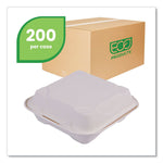Vanguard Renewable and Compostable Sugarcane Clamshells, 8 x 8 x 3, White, 200/Carton