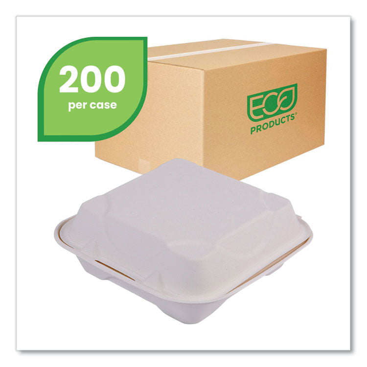 Vanguard Renewable and Compostable Sugarcane Clamshells, 8 x 8 x 3, White, 200/Carton