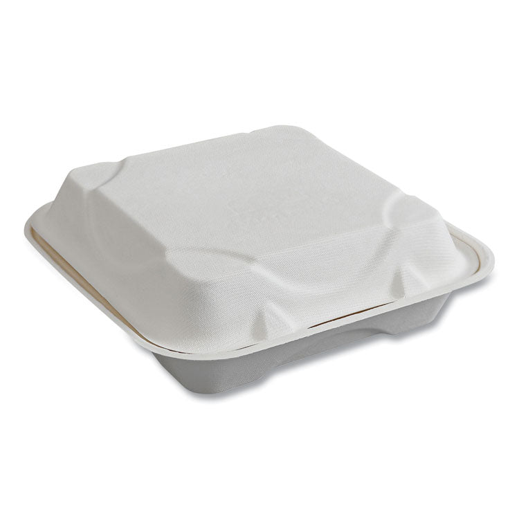 Vanguard Renewable and Compostable Sugarcane Clamshells, 9 x 9 x 3, White, 200/Carton