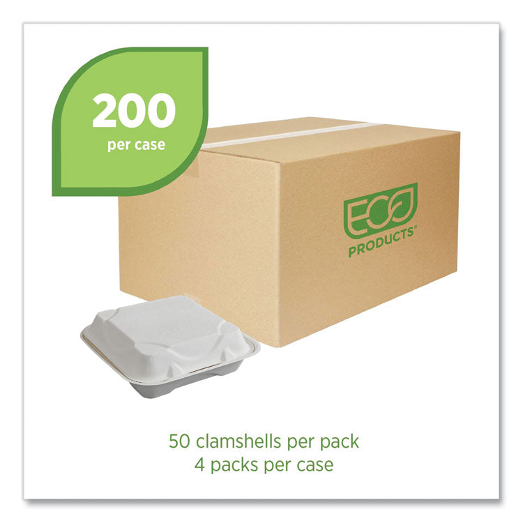 Vanguard Renewable and Compostable Sugarcane Clamshells, 9 x 9 x 3, White, 200/Carton