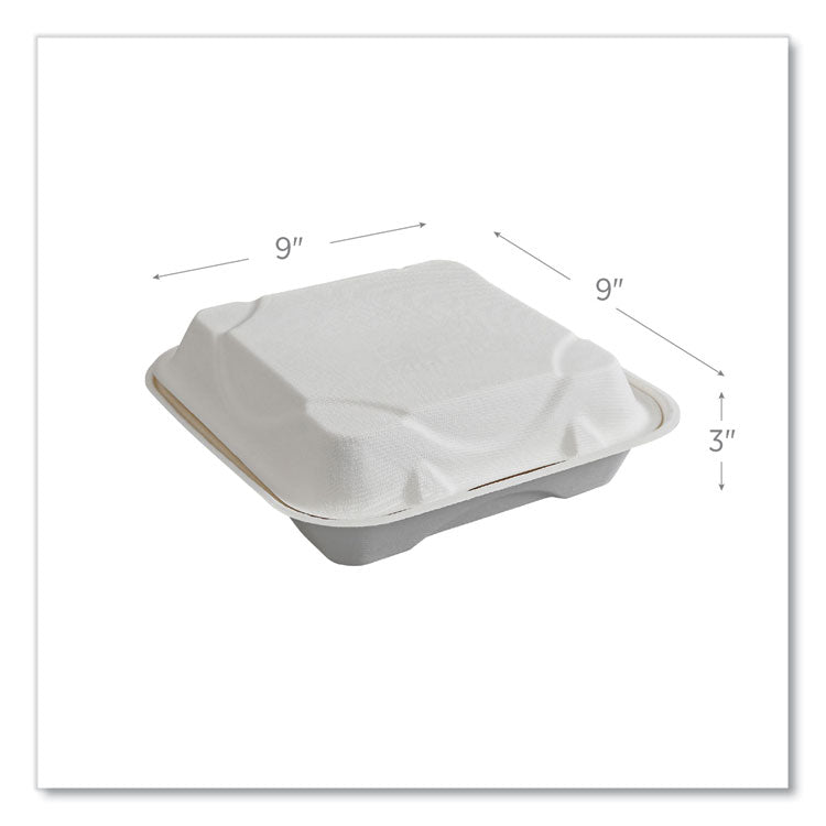 Vanguard Renewable and Compostable Sugarcane Clamshells, 9 x 9 x 3, White, 200/Carton