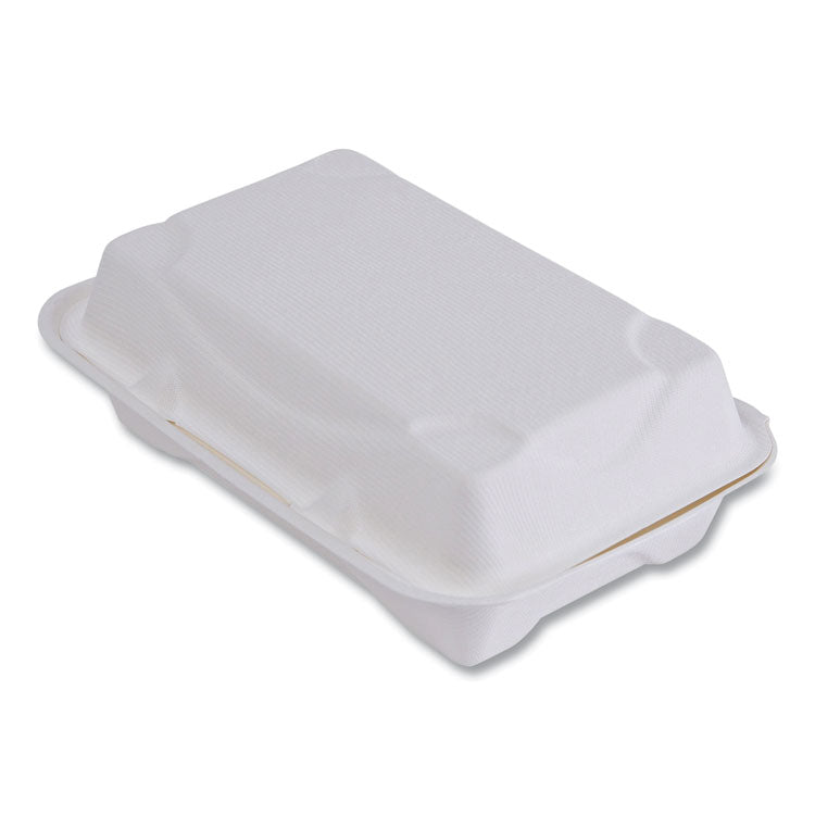 Vanguard Renewable and Compostable Sugarcane Clamshells, 9 x 6 x 3, White, 250/Carton