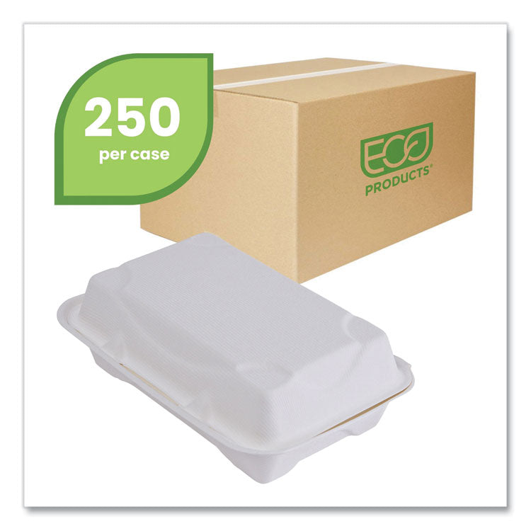 Vanguard Renewable and Compostable Sugarcane Clamshells, 9 x 6 x 3, White, 250/Carton