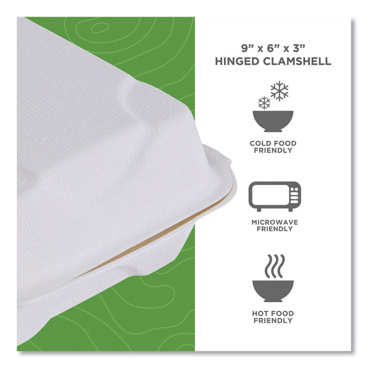 Vanguard Renewable and Compostable Sugarcane Clamshells, 9 x 6 x 3, White, 250/Carton