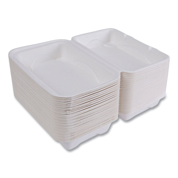 Vanguard Renewable and Compostable Sugarcane Clamshells, 9 x 6 x 3, White, 250/Carton