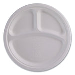 Vanguard Renewable and Compostable Sugarcane Plates, 3-Compartment Plate, 10" dia, White, 500/Carton