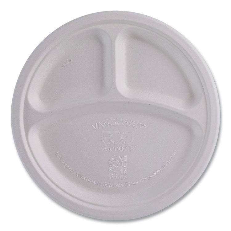 Vanguard Renewable and Compostable Sugarcane Plates, 3-Compartment Plate, 10" dia, White, 500/Carton