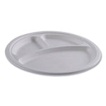 Vanguard Renewable and Compostable Sugarcane Plates, 3-Compartment Plate, 10" dia, White, 500/Carton