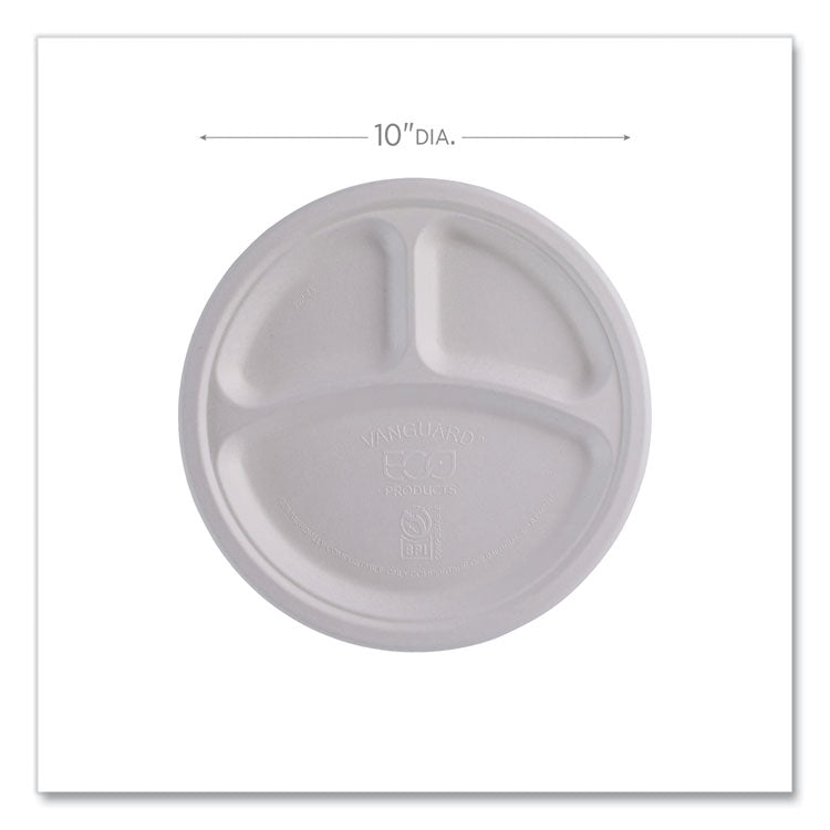 Vanguard Renewable and Compostable Sugarcane Plates, 3-Compartment Plate, 10" dia, White, 500/Carton