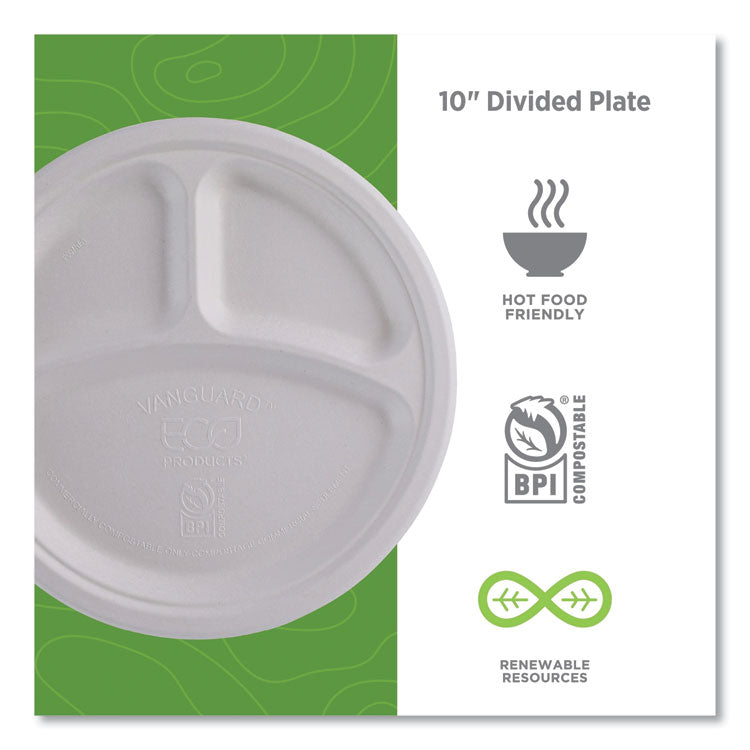 Vanguard Renewable and Compostable Sugarcane Plates, 3-Compartment Plate, 10" dia, White, 500/Carton