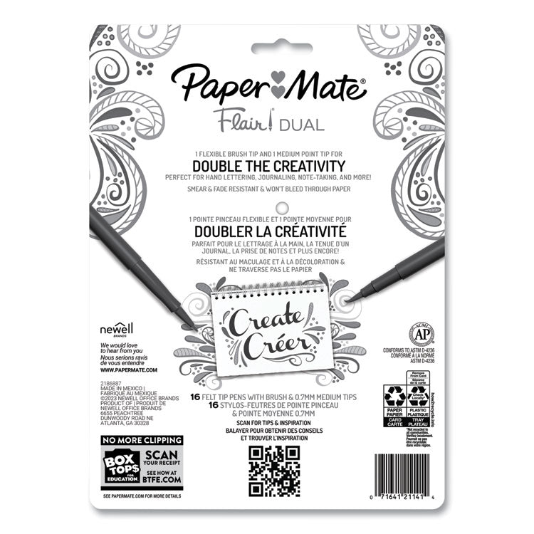 Flair Dual Porous Point Pen, Stick, Medium 0.7 mm Bullet, Pressure-Sensitive Brush, Assorted Ink and Barrel Colors, 16/Pack