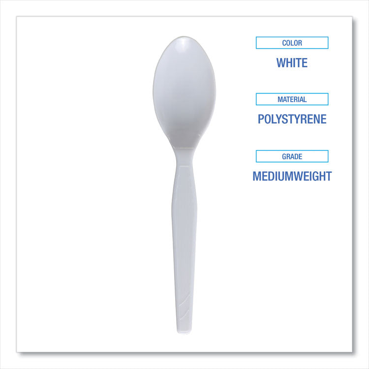 Mediumweight Polystyrene Cutlery, Spoon, Plastic, White, 100/Box
