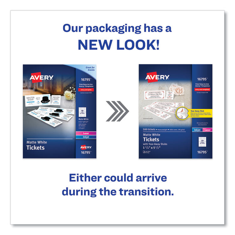 Printable Tickets with Tear-Away Stubs, 97 Bright, 65 lb Cover Weight, 8.5 x 11, White, 10 Tickets/Sheet, 50 Sheets/Pack