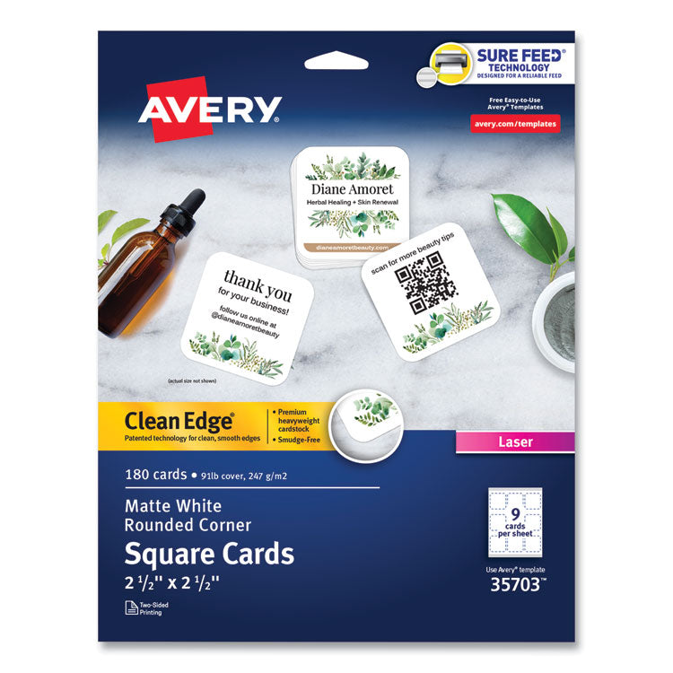 Square Clean Edge Cards with Sure Feed Technology, Laser, 2.5 x 2.5, White, 180 Cards, 9 Cards/Sheet, 20 Sheets/Pack