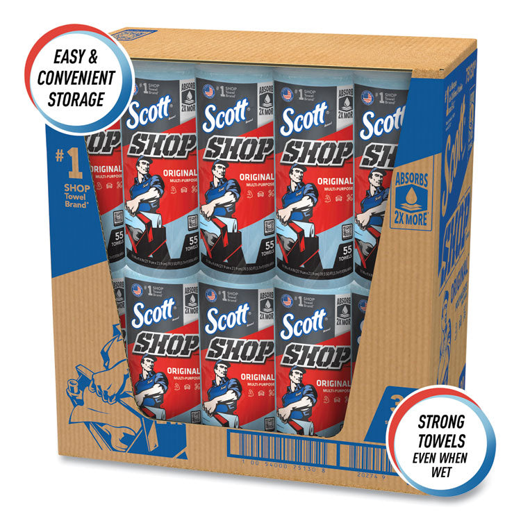 Shop Towels, Standard Roll, 1-Ply, 9.4 x 11, Blue, 55/Roll, 30 Rolls/Carton